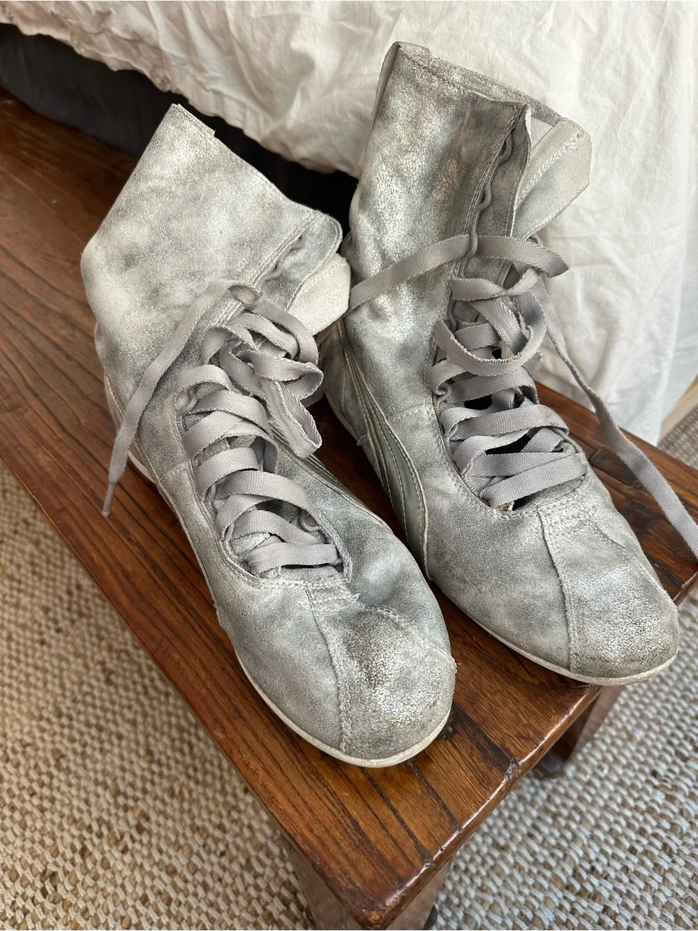Puma Metallic Silver High-Top Lace-Up Sneakers Boxing Style